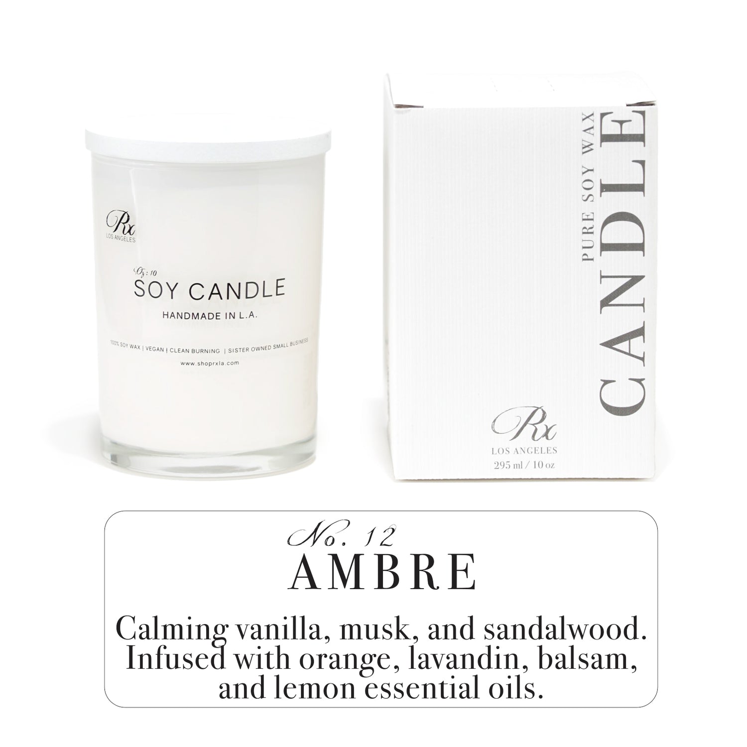 RXLA Ambre hand-poured soy wax candle—rich amber, vanilla, and musk in a 10oz white glass jar with a cotton wick.