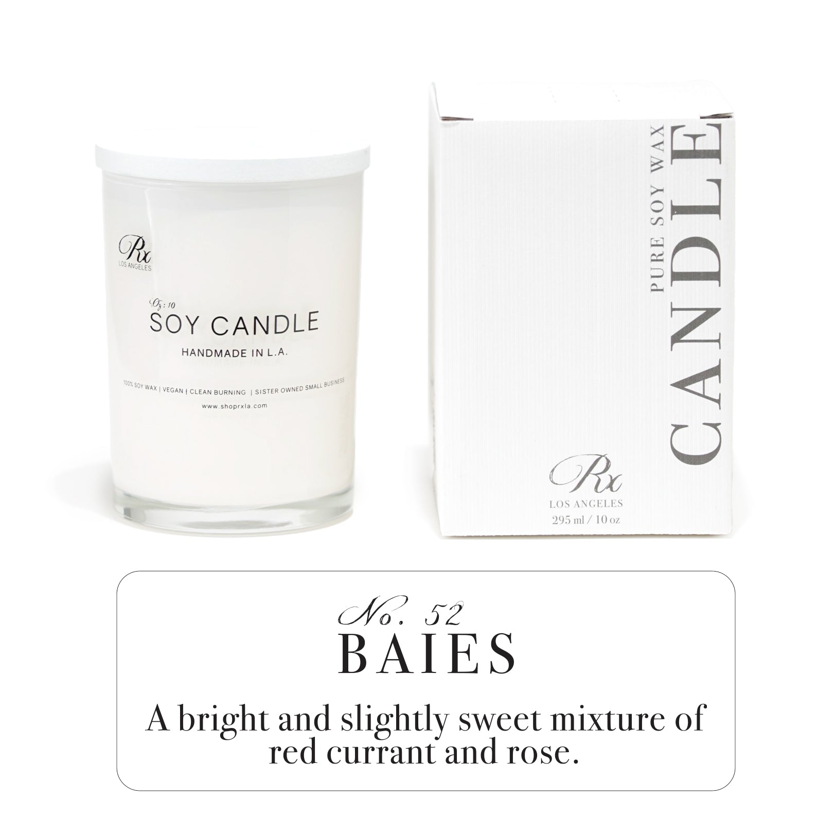 RXLA Baies hand-poured soy wax candle—100% soy wax with a fresh, fruity blend of blackcurrant, rose, and green notes.
