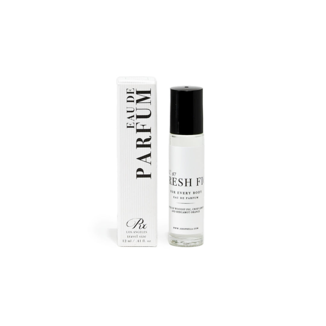 RXLA Fresh Fig rollerball perfume, a slightly earthy and masculine scent with fig, moss, and patchouli.