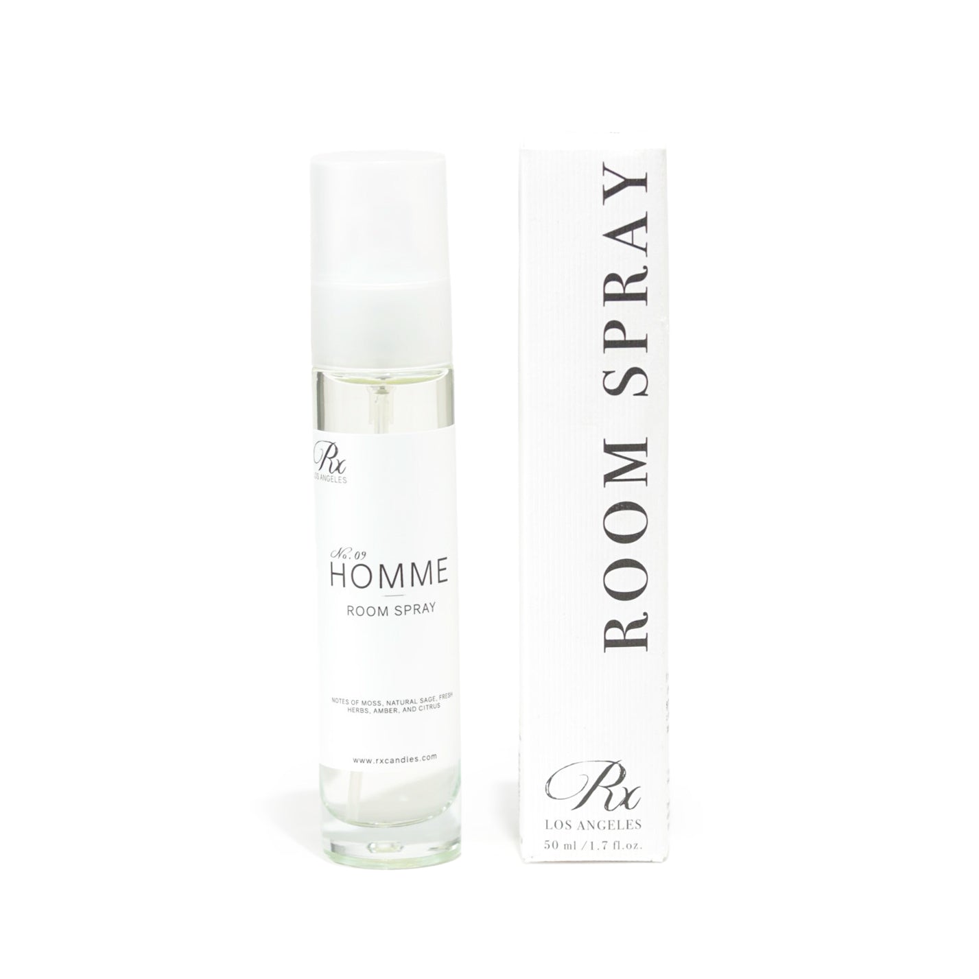 RXLA Homme room spray, a refined masculine scent with crisp citrus, smoky woods, and musk.