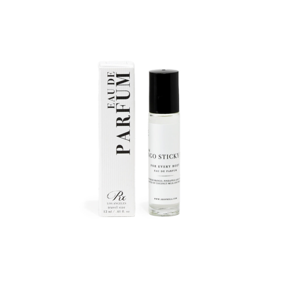 RXLA Mango Sticky Rice rollerball perfume, a gourmand blend of ripe mango, coconut milk, and vanilla.