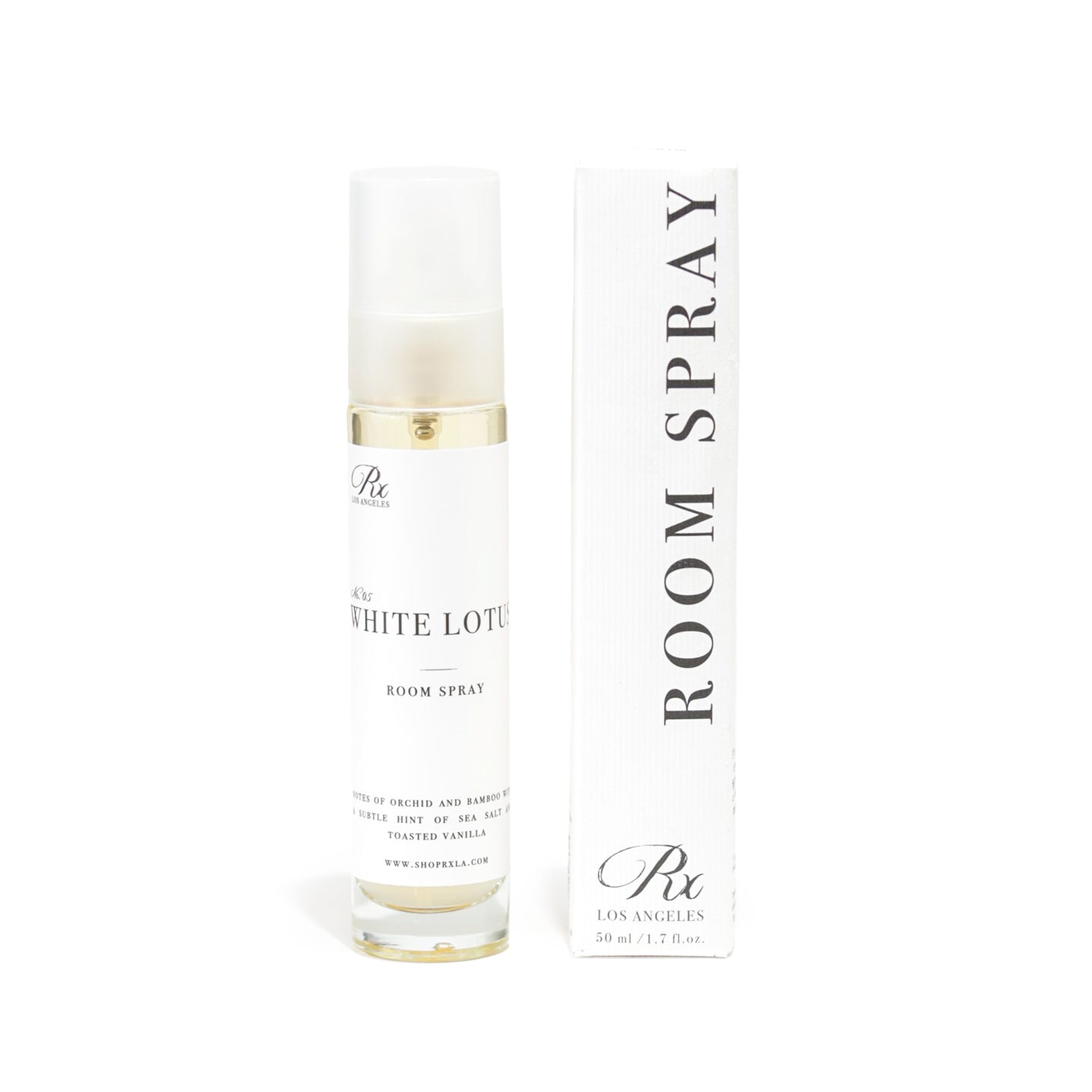 RXLA White Lotus room spray, an exotic floral scent with sea salt, sandalwood, and vanilla.