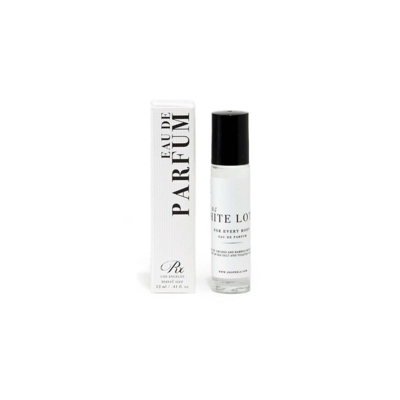 RXLA White Lotus rollerball perfume, an exotic floral scent with sea salt, sandalwood, and vanilla.