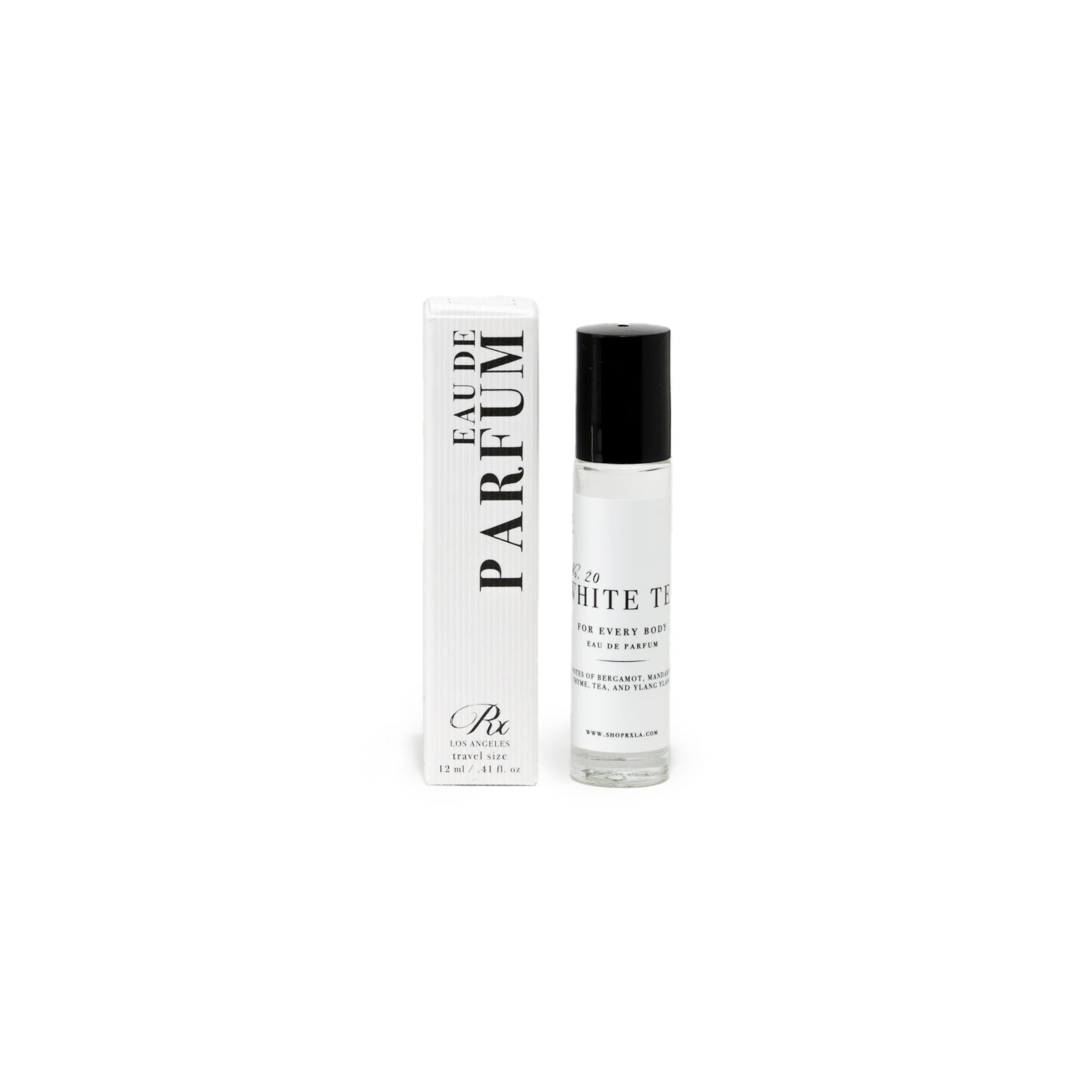 RXLA White Tea rollerball perfume, a delicate blend of white tea, citrus, and soft musk