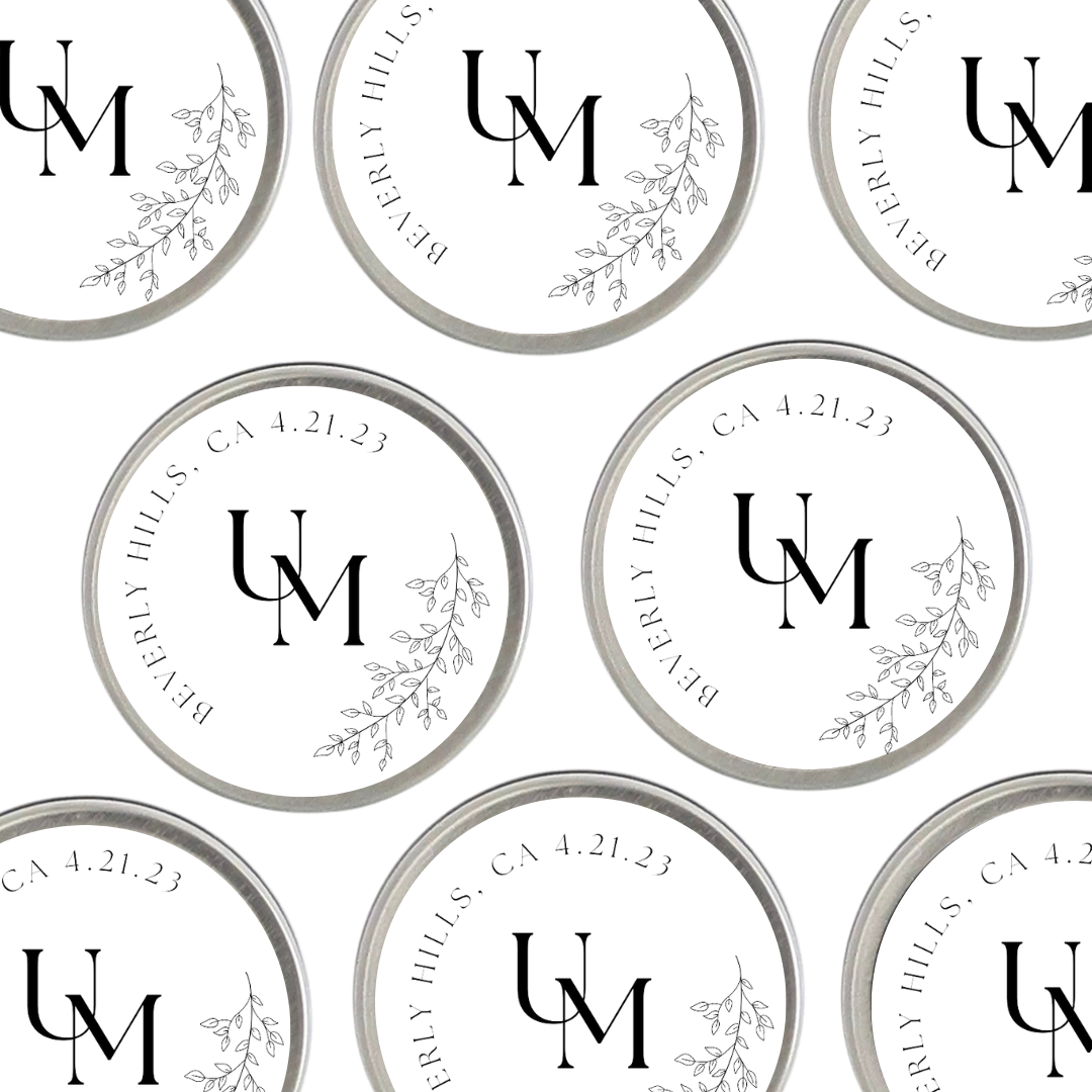 Minimalist wedding travel tin candle with personalized details, a timeless keepsake.