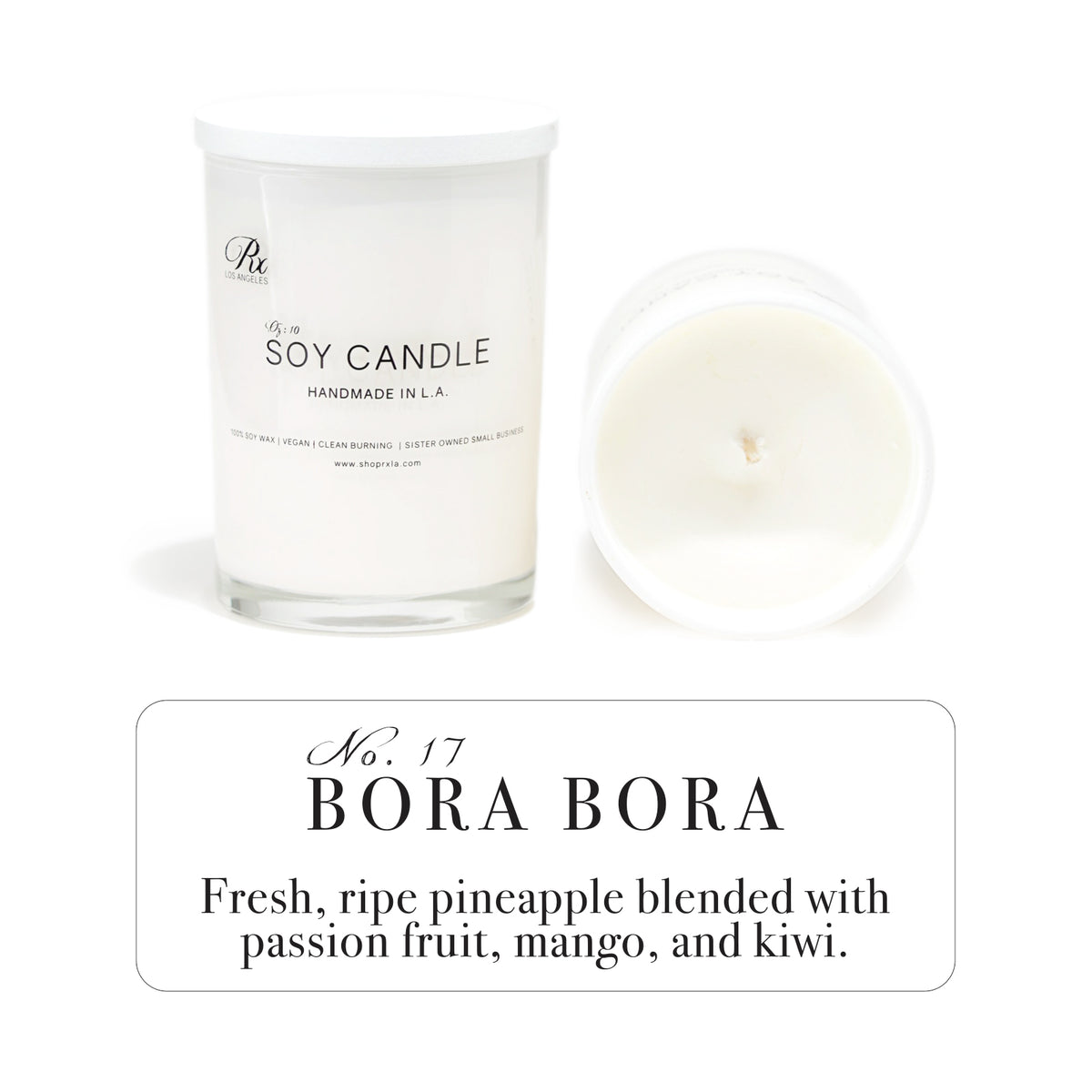 Bora Bora candle by RXLA—100% soy wax with notes of ocean breeze and jasmine, bringing a luxury island retreat vibe to your space.
