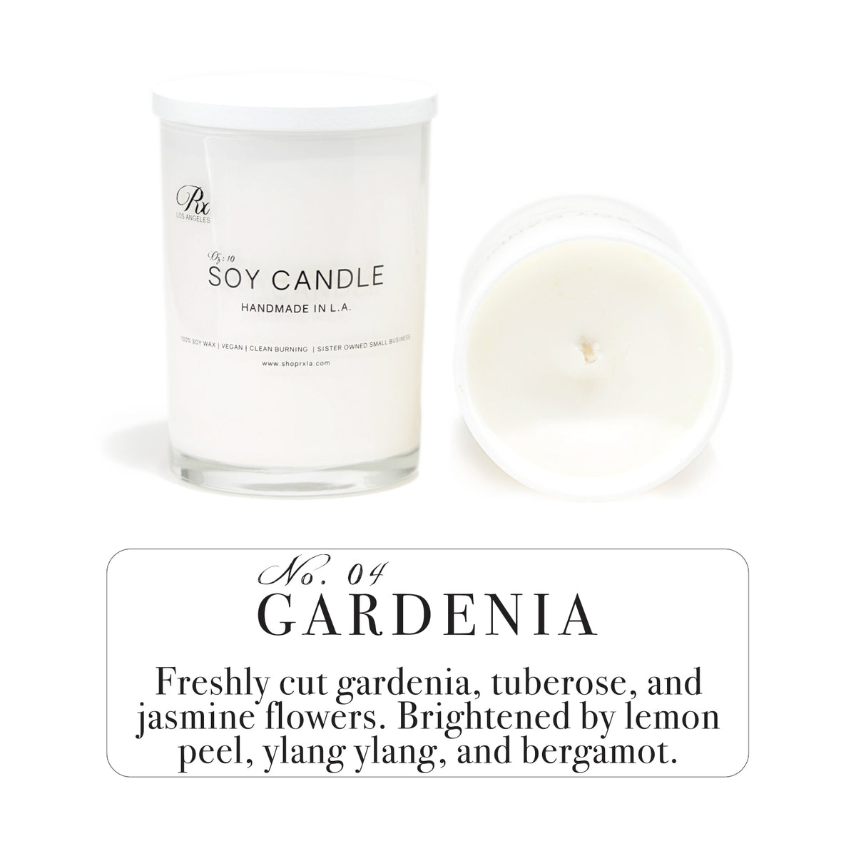 Gardenia candle by RXLA—100% soy wax with a timeless floral fragrance that creates a serene atmosphere.
