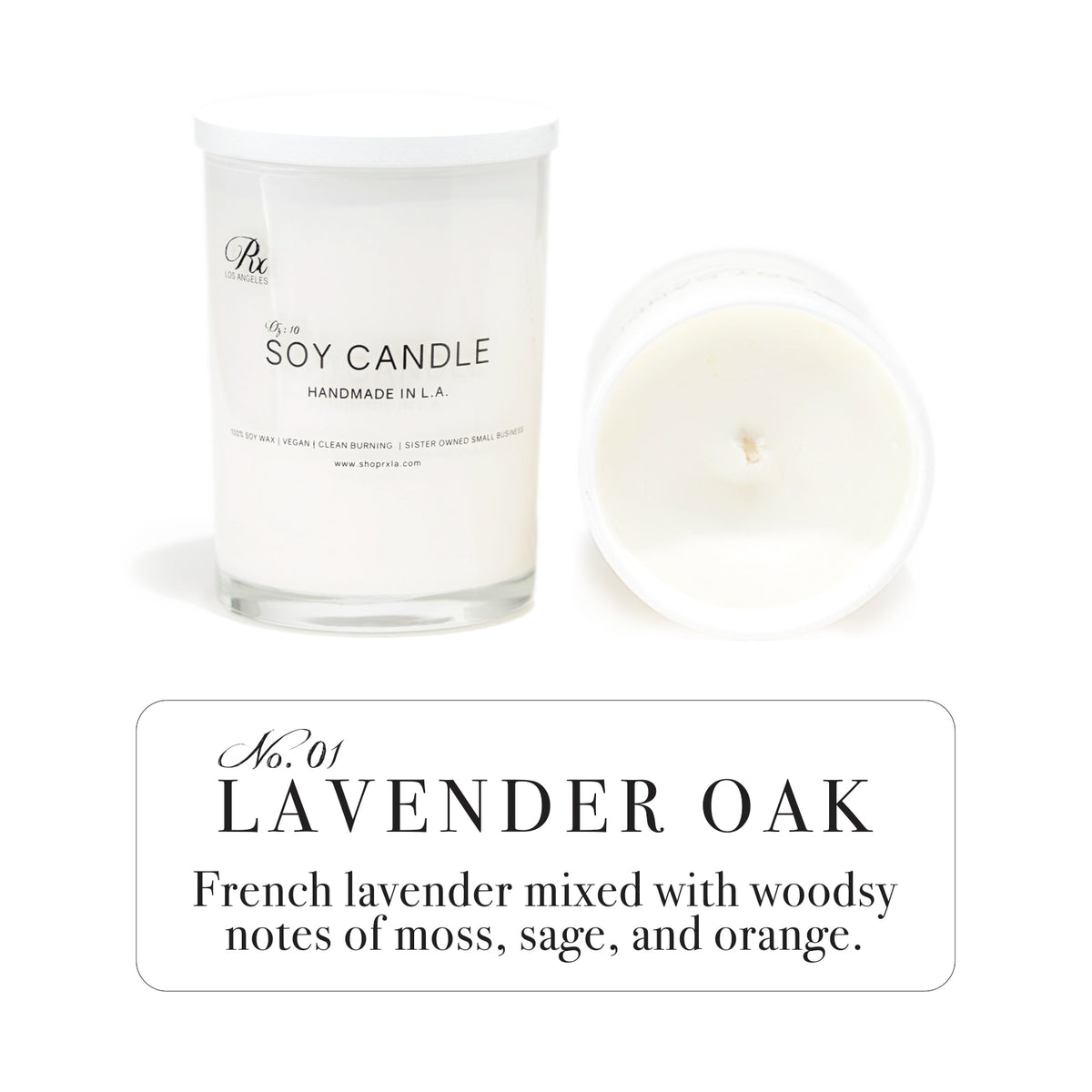 Lavender Oak candle by RXLA—made with 100% soy wax and a soothing blend of lavender and oak for a peaceful atmosphere.