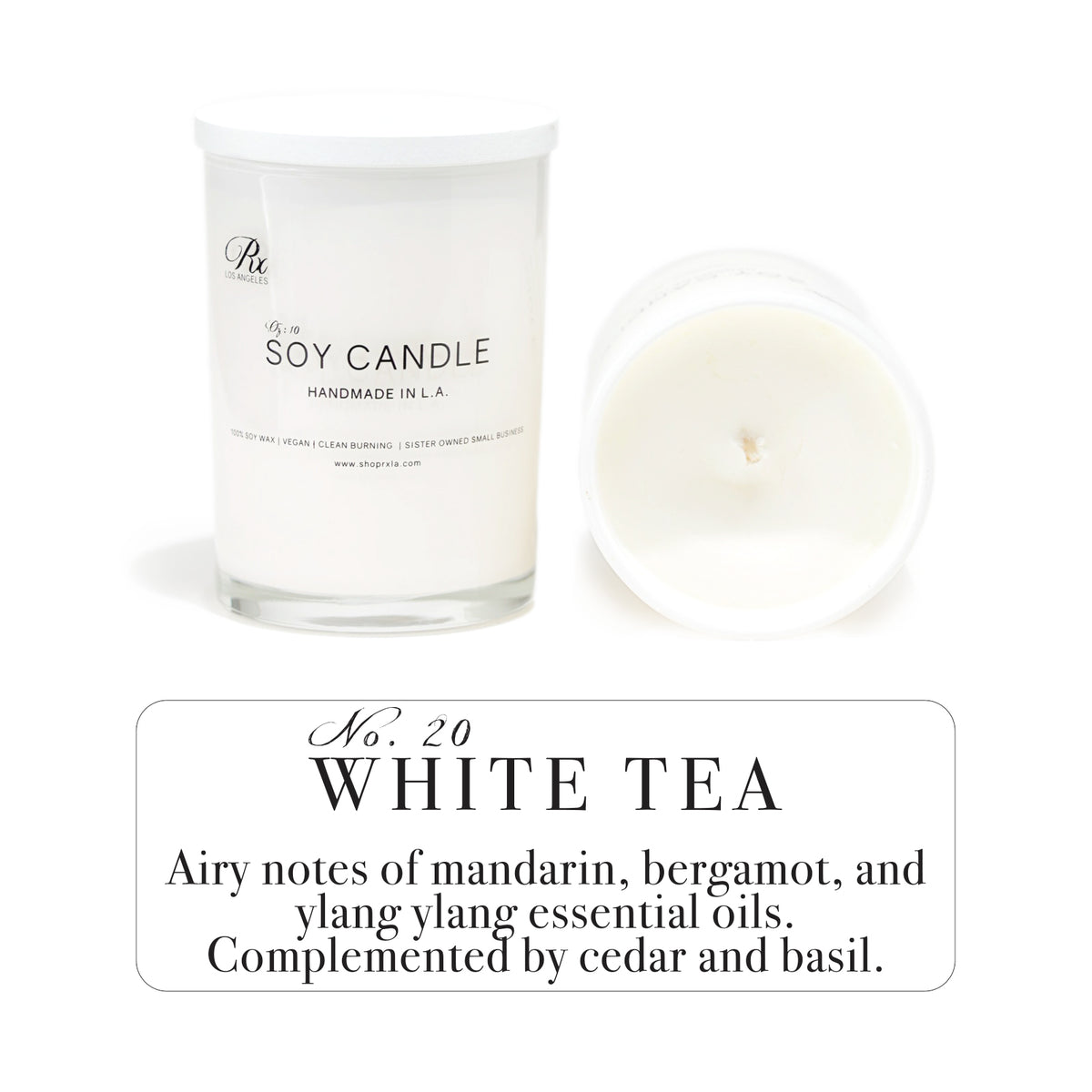 White Tea candle by RXLA—crafted with 100% soy wax and a refreshing citrus-floral blend for a calm and peaceful atmosphere.
