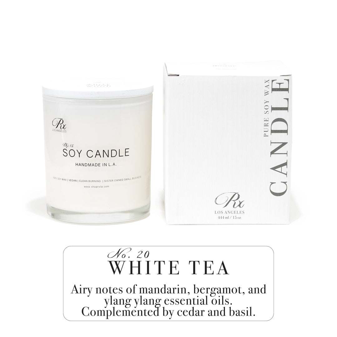 RXLA White Tea hand-poured soy candle in a 15oz white glass jar—non-toxic, offering a delicate blend of white tea, citrus, and soft musk for a refreshing aroma.