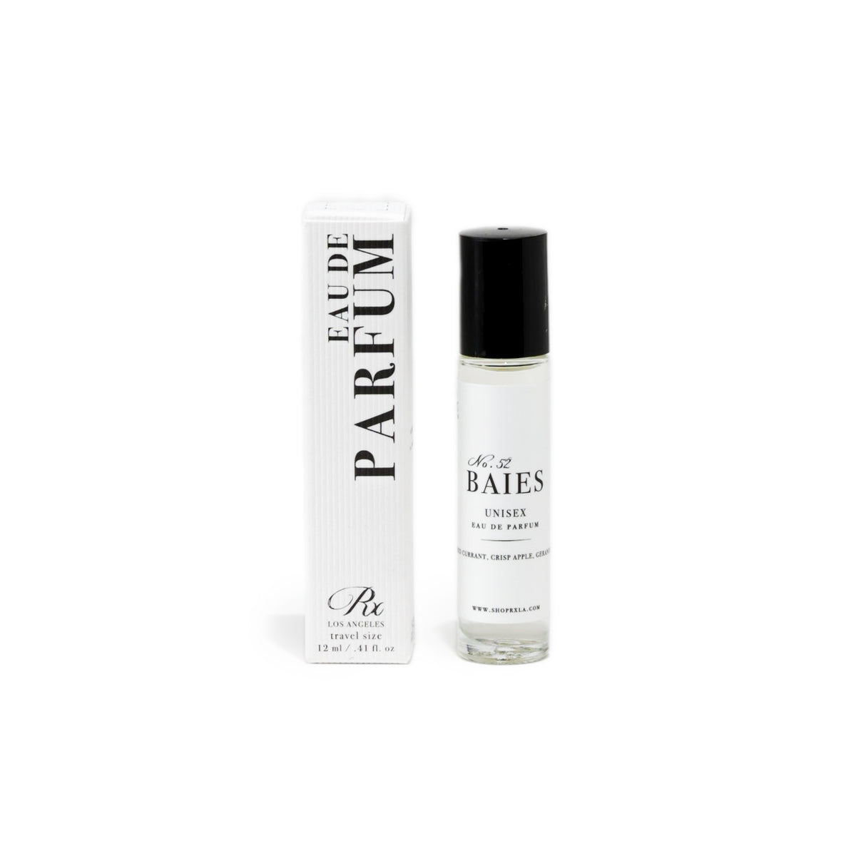 RXLA Baies rollerball perfume, a fresh and fruity scent featuring blackcurrant, rose, and green notes.
