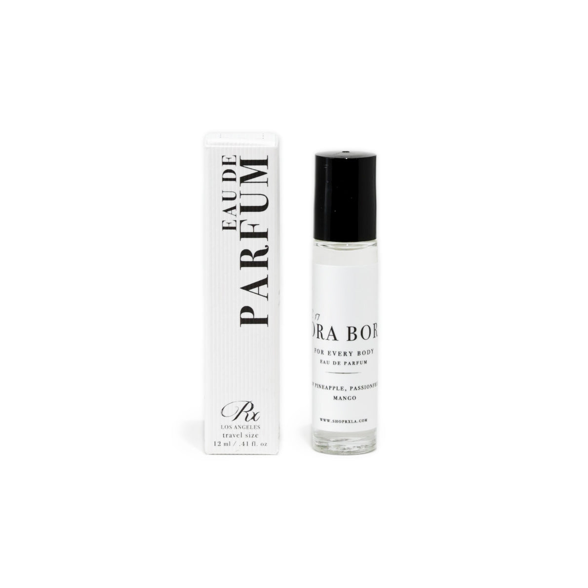 RXLA Bora Bora rollerball perfume, a tropical blend of sea salt, jasmine, and ocean breeze.