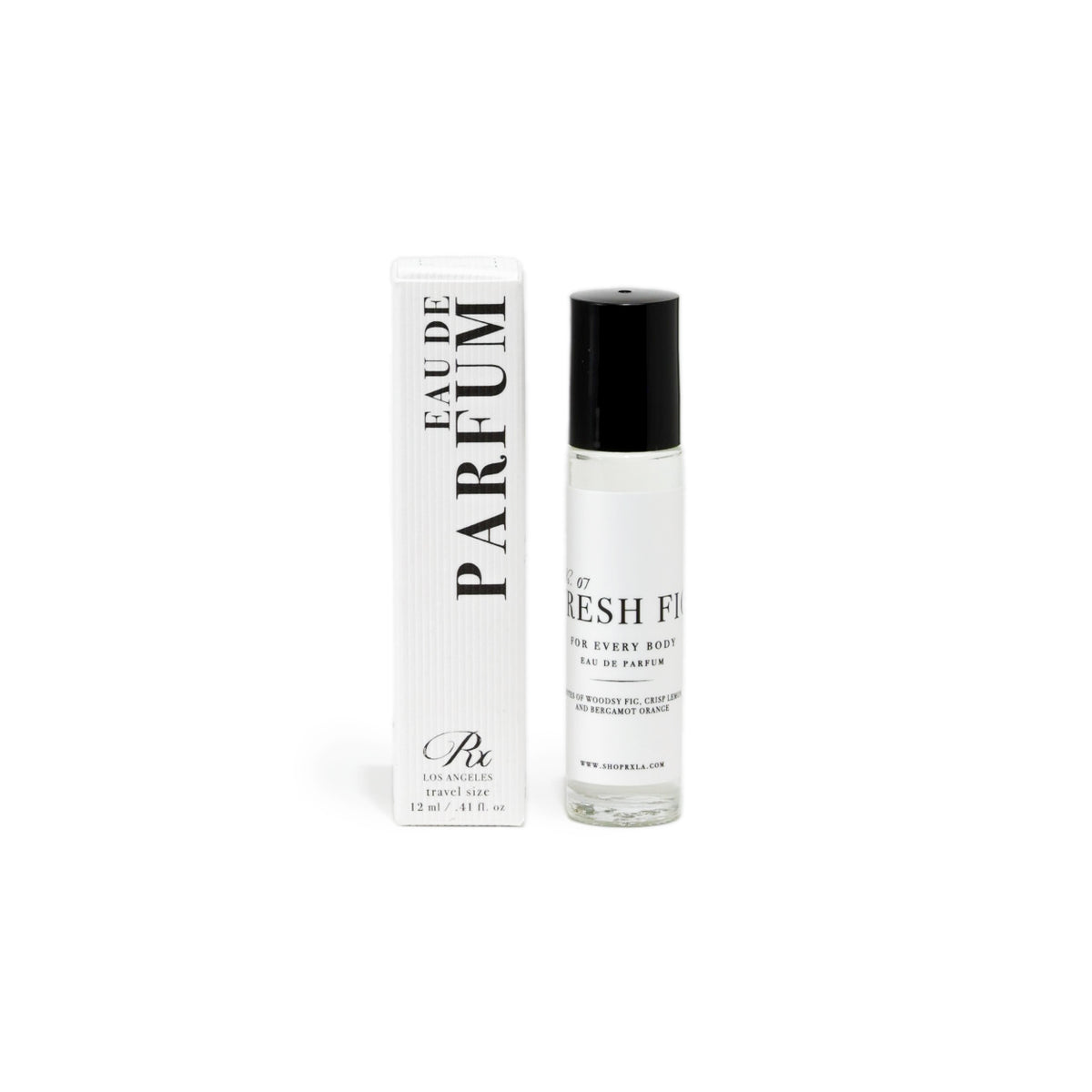 RXLA Fresh Fig rollerball perfume, a slightly earthy and masculine scent with fig, moss, and patchouli.