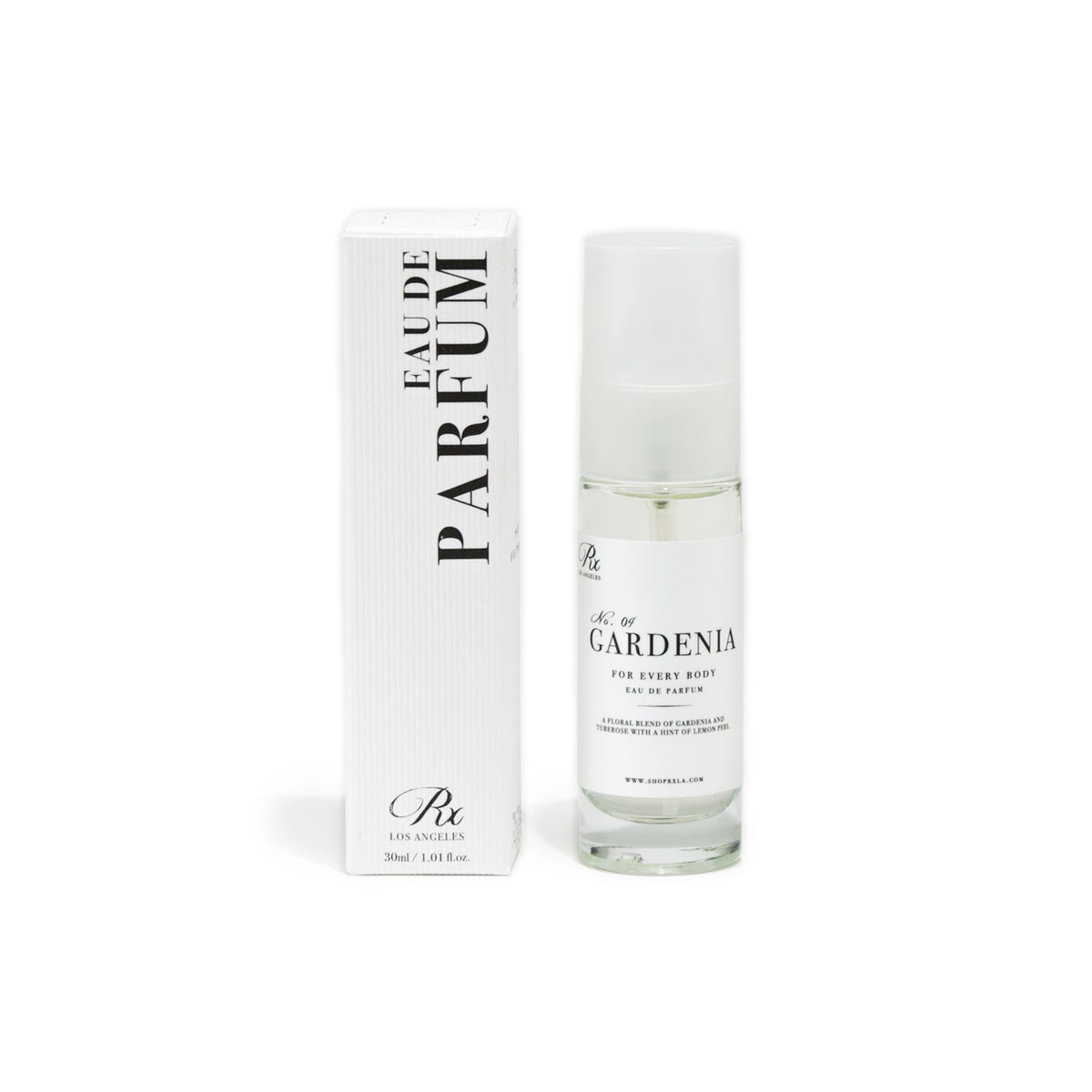 RXLA Gardenia full-size perfume—classic and feminine with creamy gardenia and soft musk.