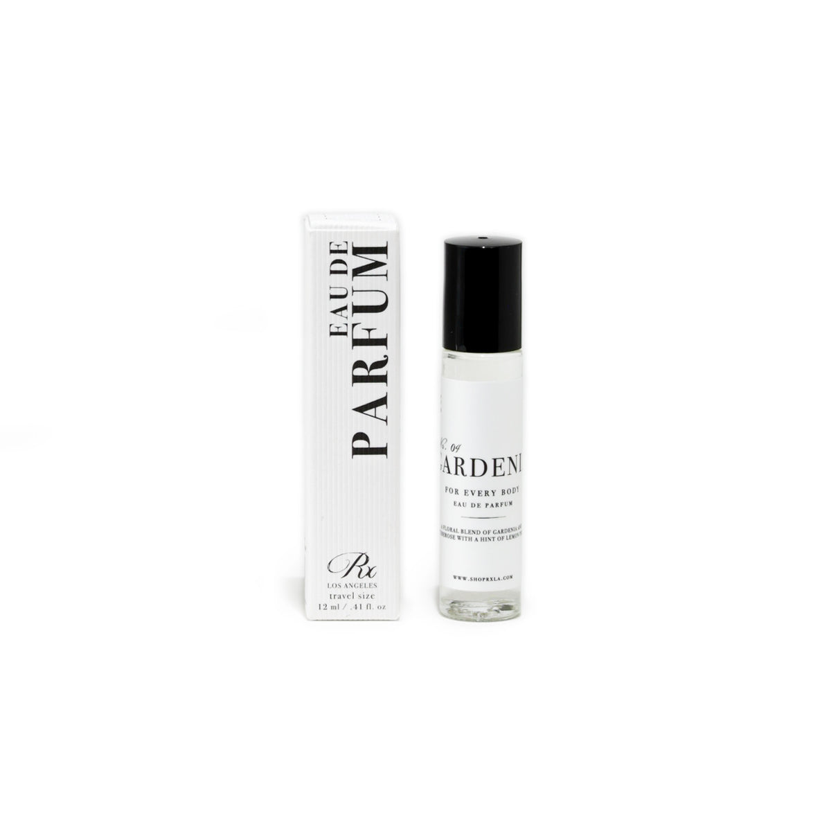 RXLA Gardenia rollerball perfume, a timeless floral blend with creamy gardenia and soft musk.