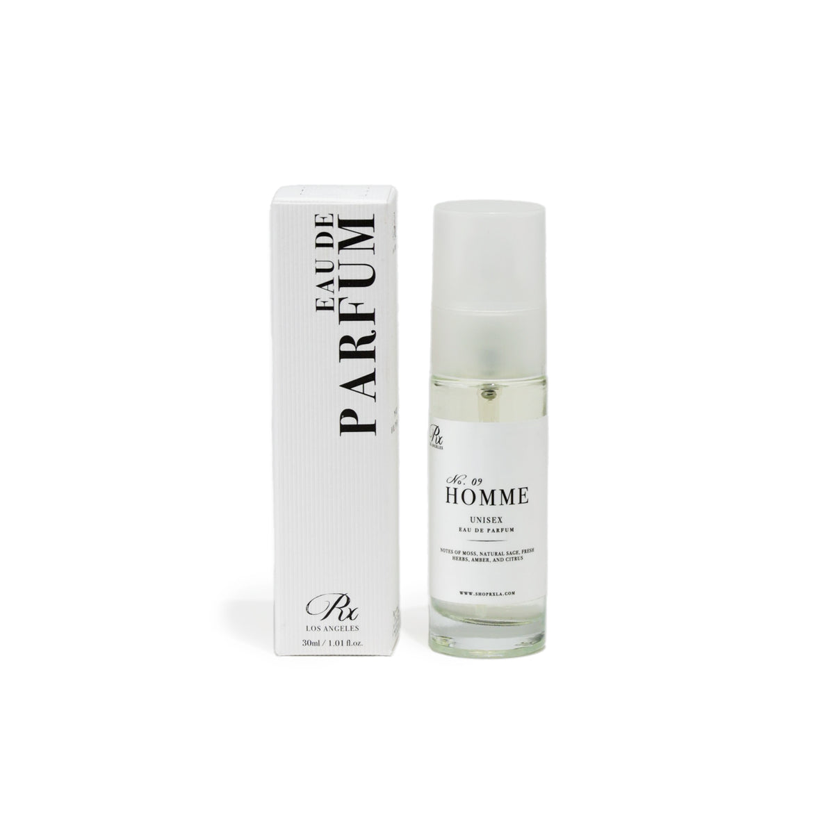 RXLA Homme full-size perfume—a refined masculine scent with citrus, smoky woods, and musk.