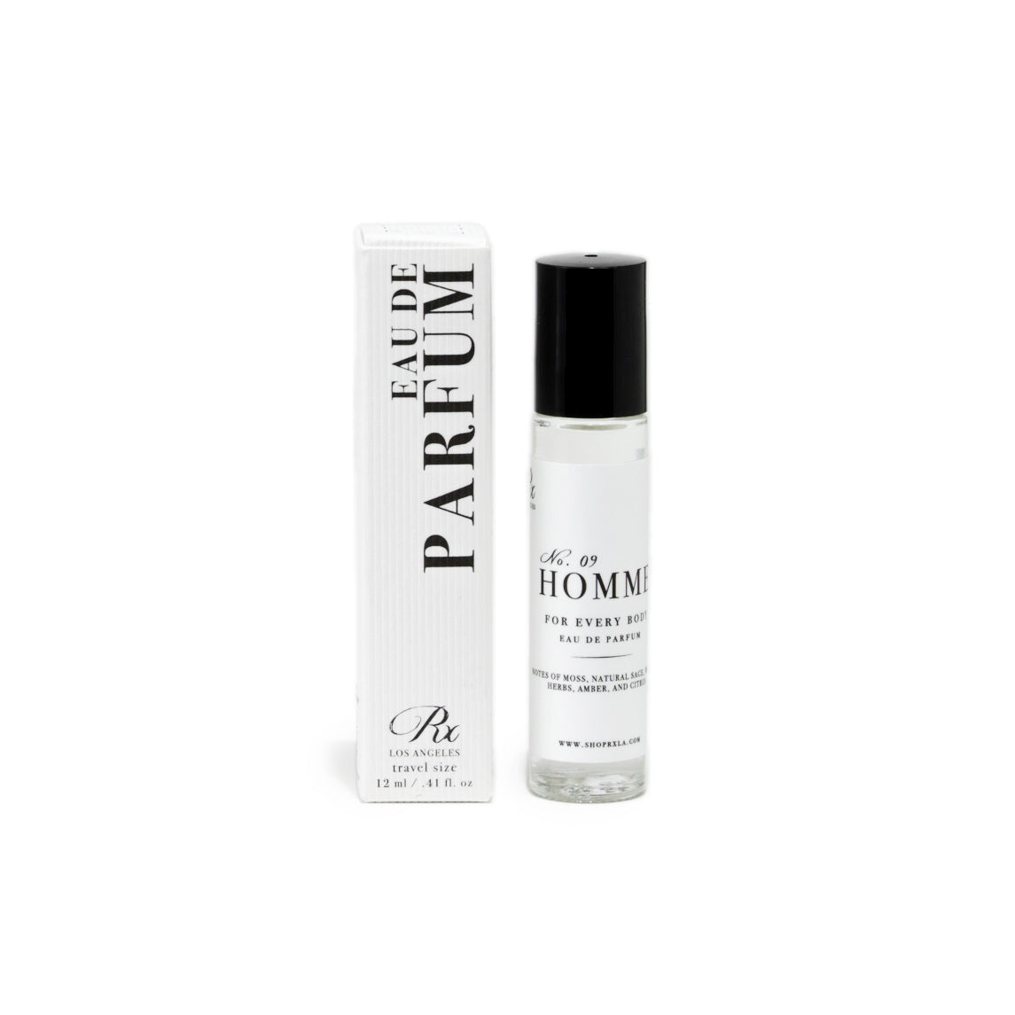 RXLA Homme rollerball perfume, a refined masculine scent with crisp citrus, smoky woods, and musk.