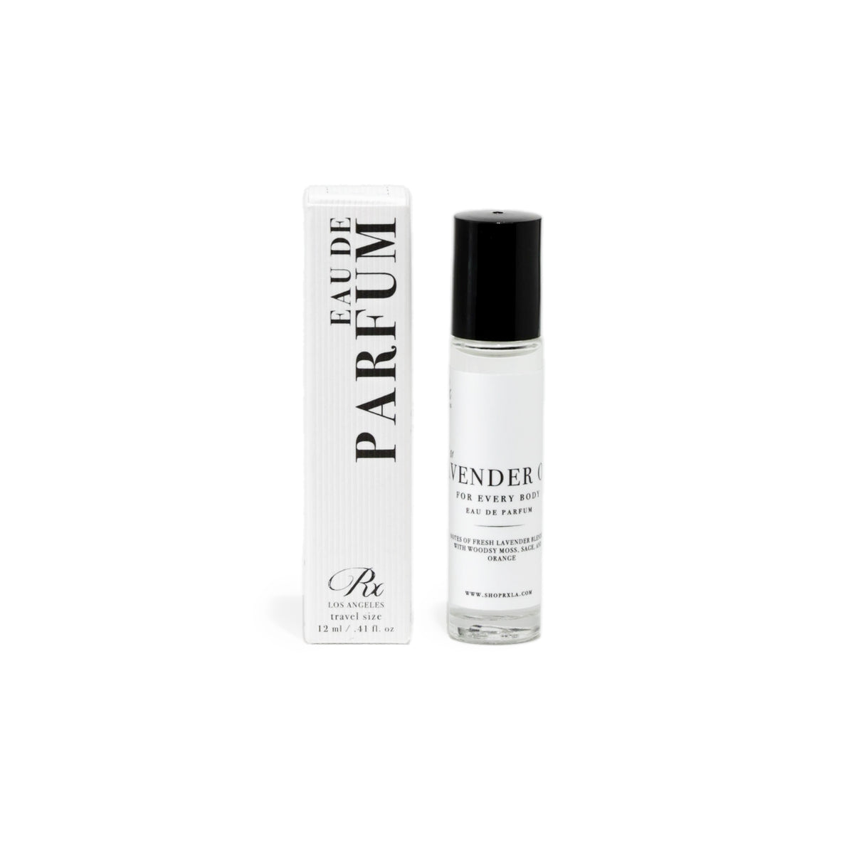 RXLA Lavender Oak rollerball perfume, a calming mix of fresh lavender and deep oakwood.
