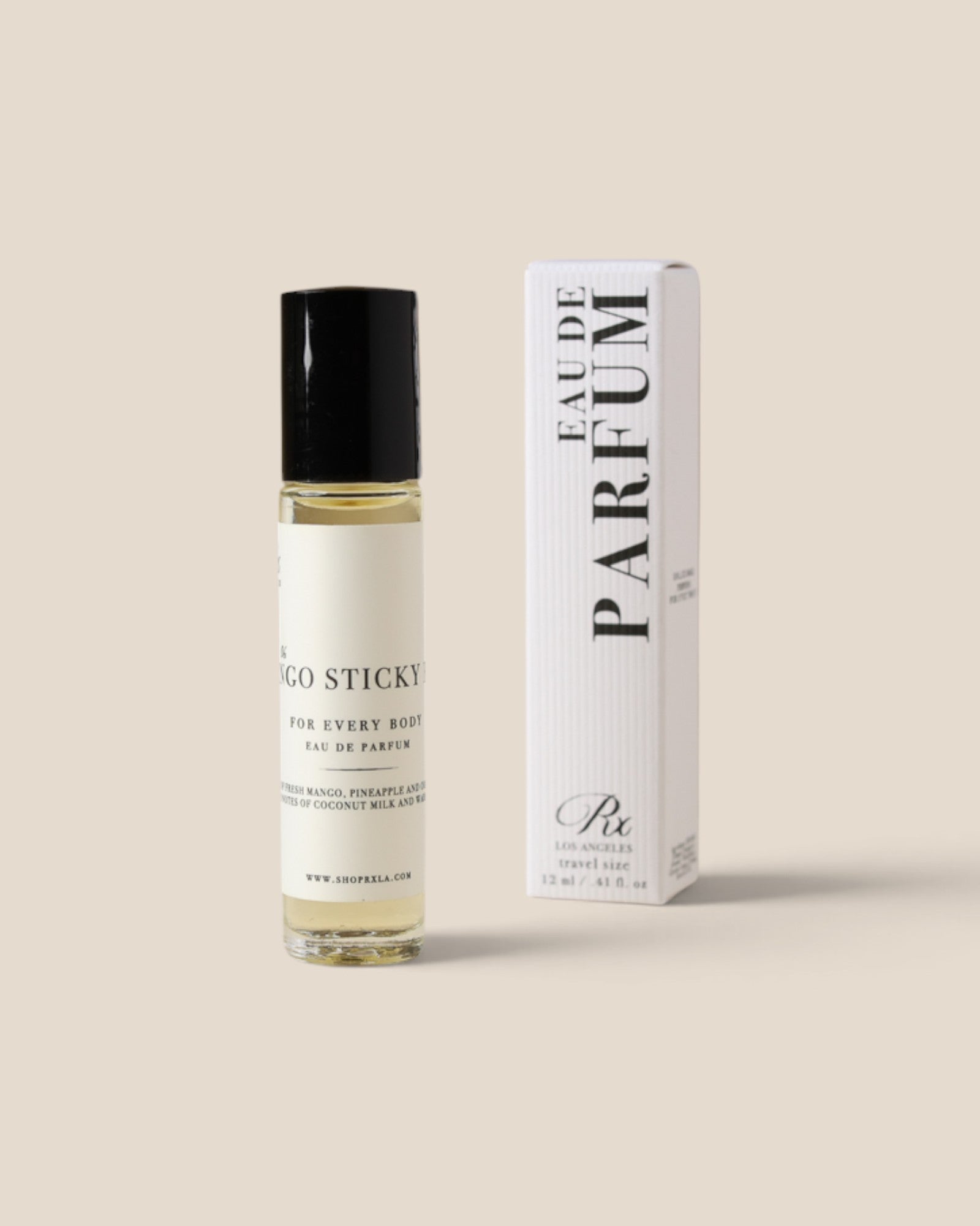 A clear glass roll-on bottle with a black cap stands next to its white rectangular box. The bottle label reads 'Mango STICKY' and 'FOR EVERY BODY', while the box displays 'EAU DE PARFUM' vertically with a small 'Ru' logo below.