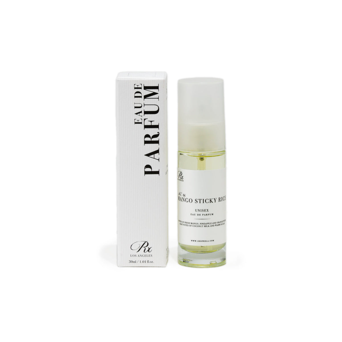 RXLA Mango Sticky Rice full-size perfume—a gourmand blend of mango, coconut milk, and vanilla.
