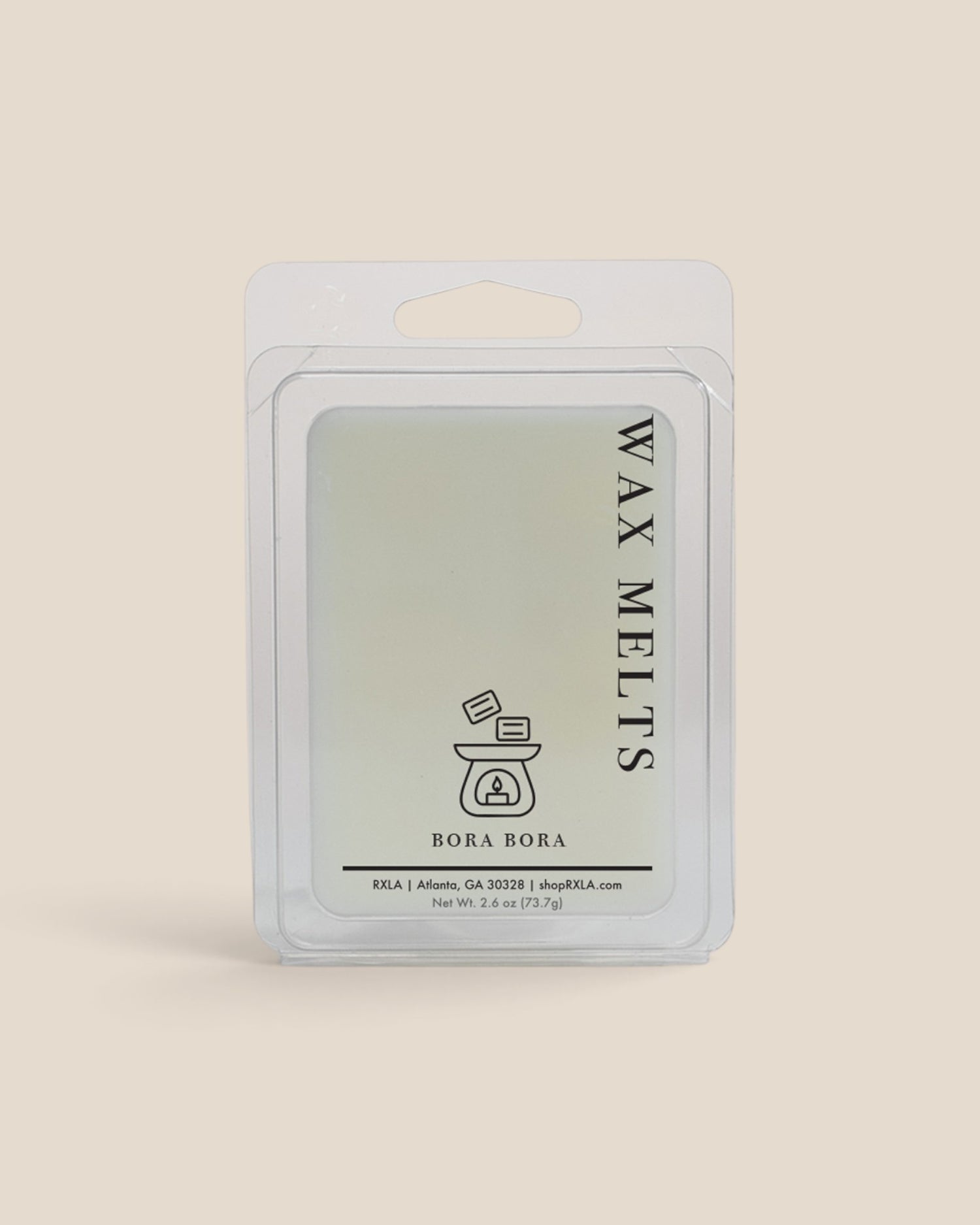 A wax melt package in a clear plastic clamshell with a white hanging tab, labeled 'WAX MELTS' and 'BORA BORA' on a warm beige background.