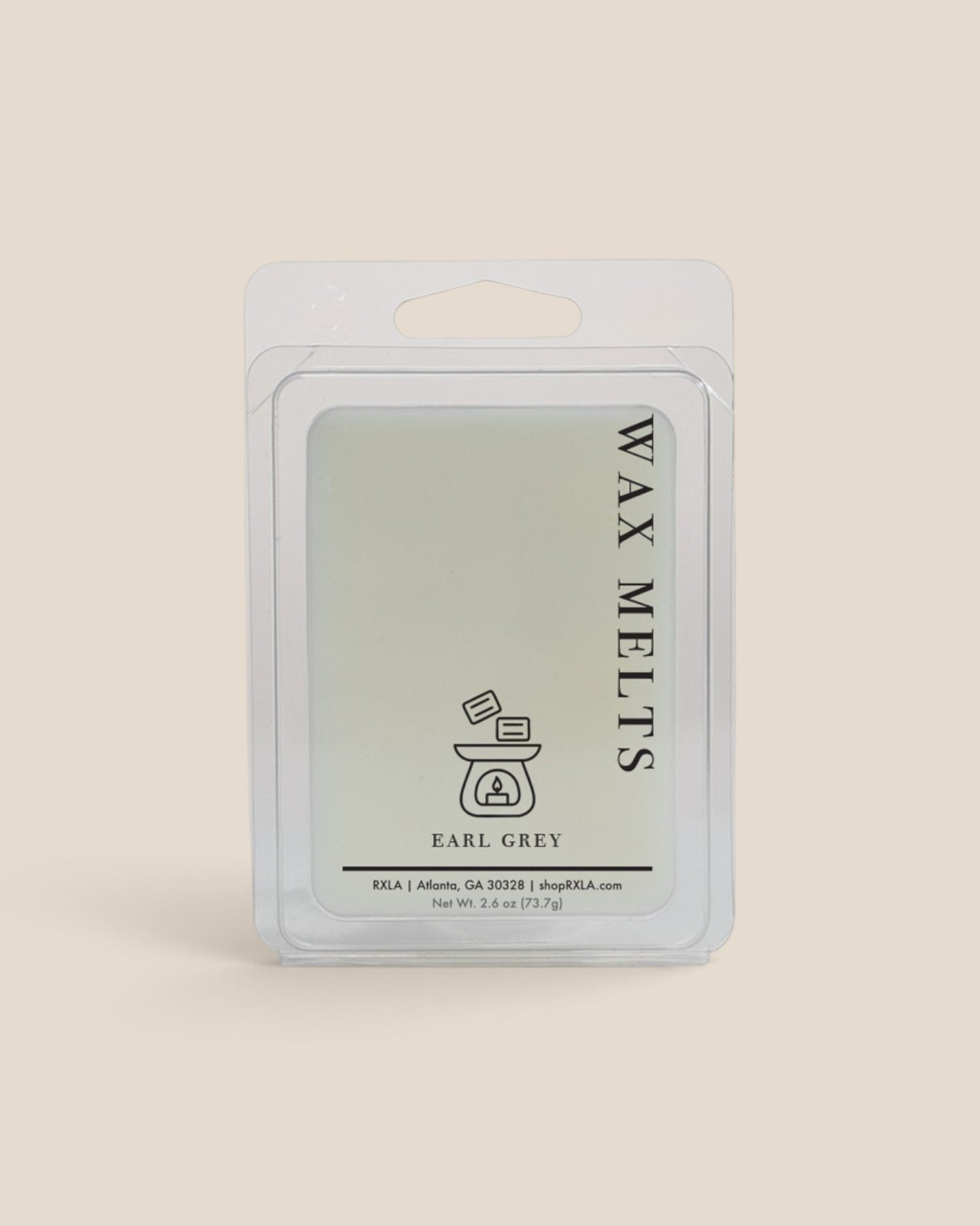 A packaged wax melt in a clear plastic clamshell package with a white backing card. The label reads 'WAX MELTS' vertically and 'EARL GREY' below a small line drawing of a melting pot, on a warm beige background.