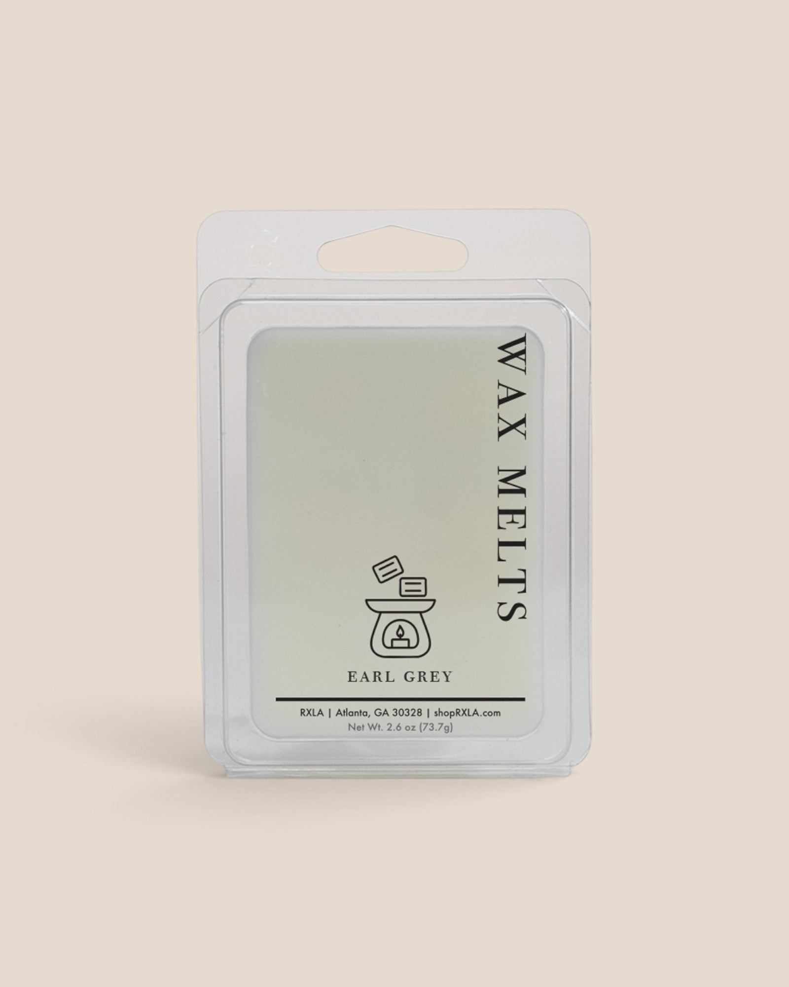 A packaged wax melt in a clear plastic clamshell package with a white backing card. The label reads 'WAX MELTS' vertically and 'EARL GREY' below a small line drawing of a melting pot, on a warm beige background.