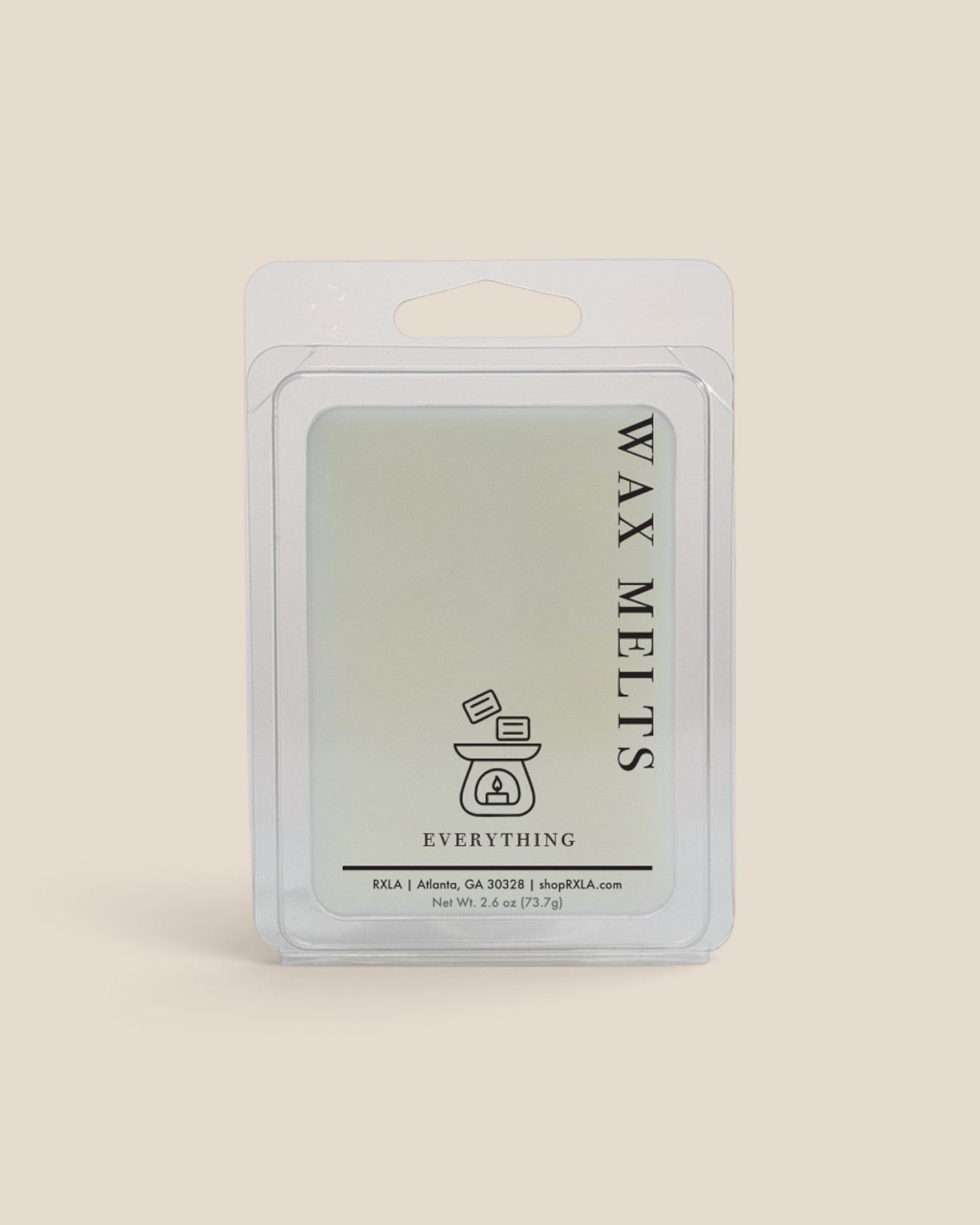 A wax melt package by Everything Essentials, featuring a clear plastic clamshell over a pale sage green wax melt, set against a solid beige background.