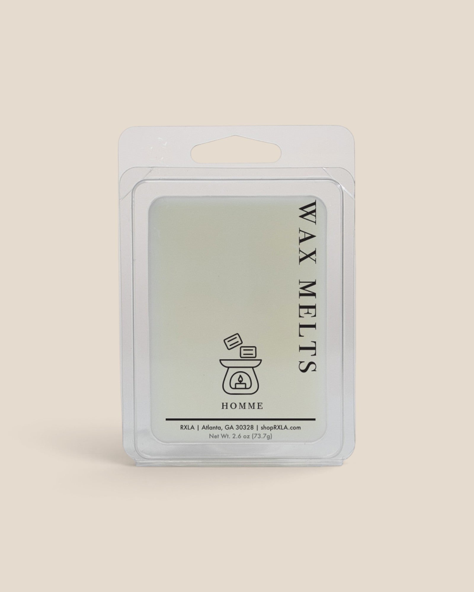 A packaged wax melt product in a clear plastic clamshell package with a white backing card, shown against a solid light beige background. The label reads 'WAX MELTS' and 'HOMME'.