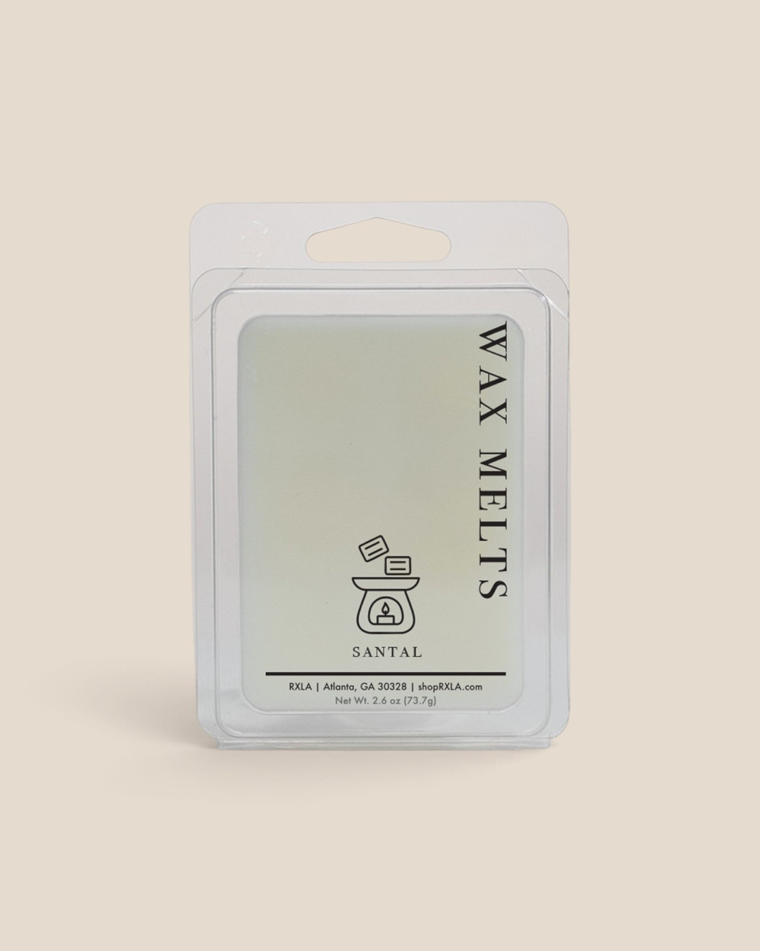 A packaged wax melt product in a clear plastic clamshell package with a white backing card, labeled 'WAX MELTS' and 'SANTAL' on a warm beige background.