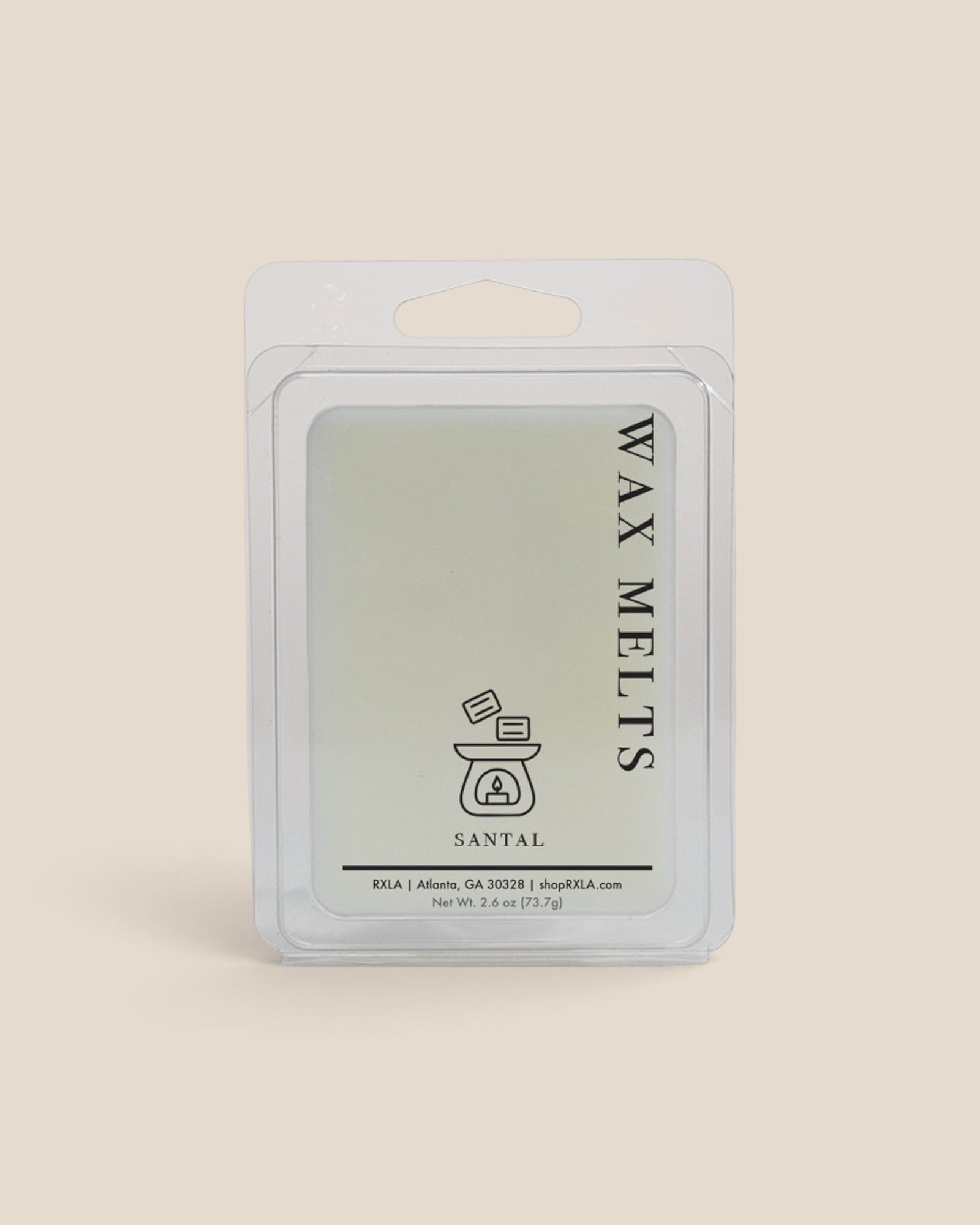 A packaged wax melt product in a clear plastic clamshell package with a white backing card, labeled 'WAX MELTS' and 'SANTAL' on a warm beige background.