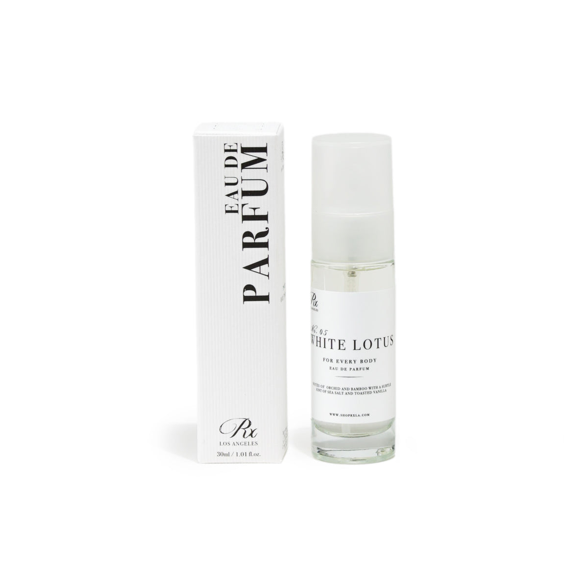RXLA White Lotus full-size perfume—an exotic floral scent with sea salt, sandalwood, and vanilla.