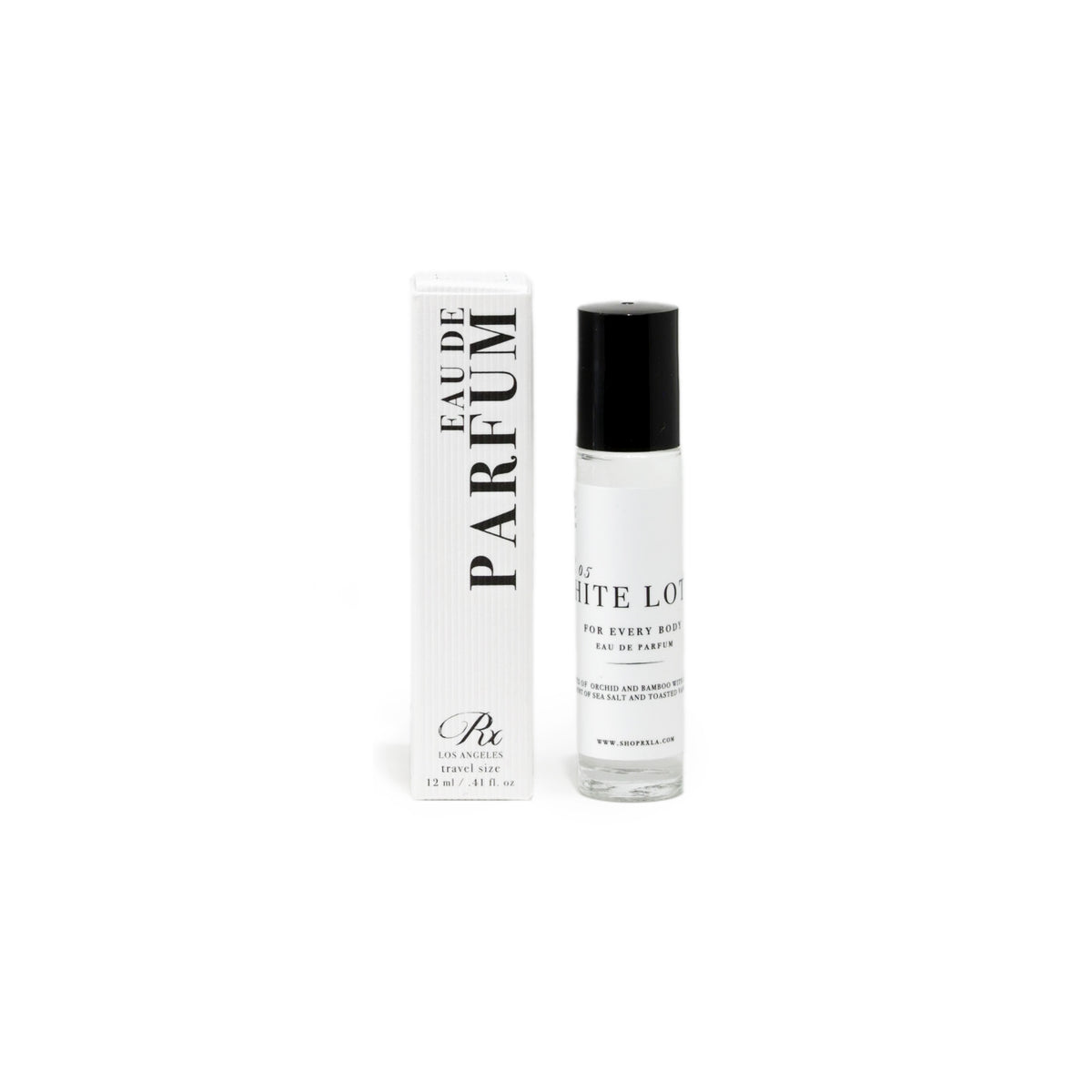 RXLA White Lotus rollerball perfume, an exotic floral scent with sea salt, sandalwood, and vanilla.