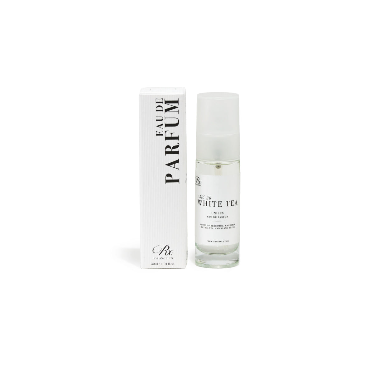RXLA White Tea full-size perfume—a delicate blend of white tea, citrus, and soft musk.

