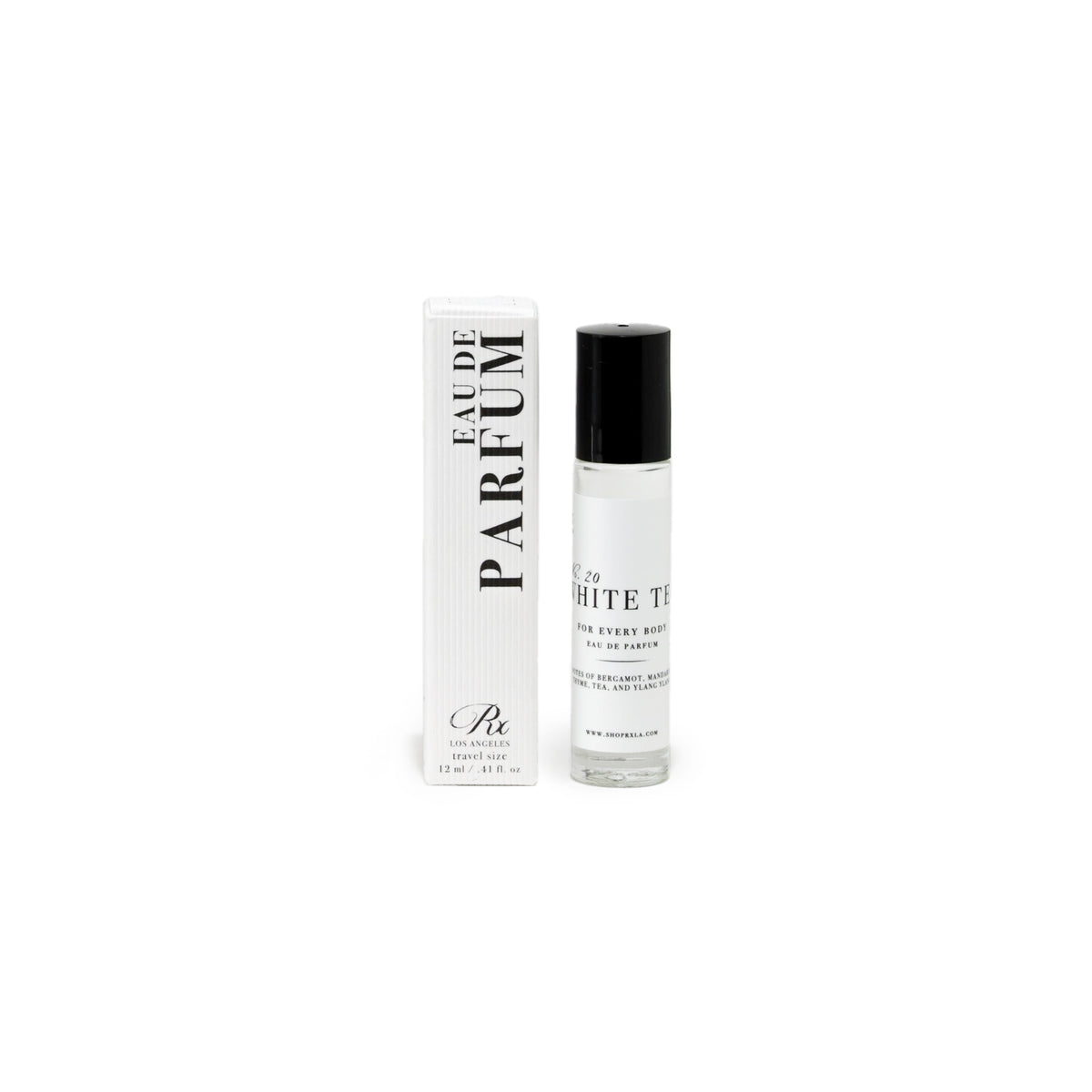 RXLA White Tea rollerball perfume, a delicate blend of white tea, citrus, and soft musk